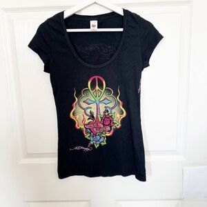 Ed Hardy Y2K Vintage "True Love" Fire, Cross and Roses Graphic Tee Shirt SMALL